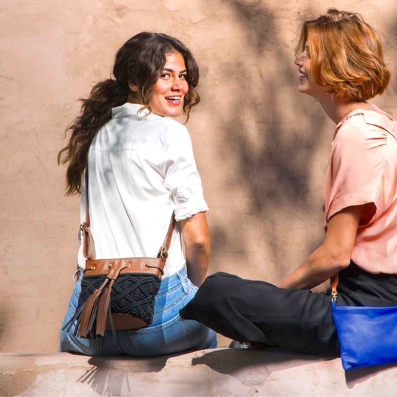 Noonday Collection Kuro Crossbody Black Macrame Brown Vegan Leather Boho Tassles - Picture 3 of 5